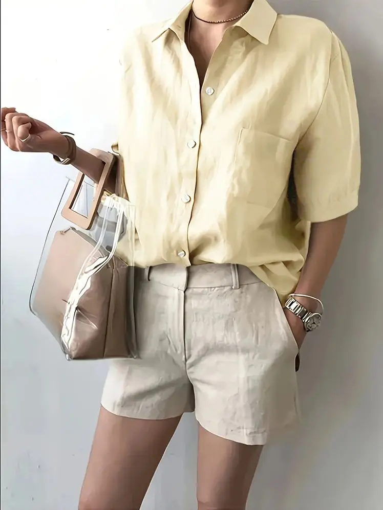 

Plus Size Women's Summer Shirt Elegant Solid Colour Big Size Casual Shirt Pure Colour Single Row Button Short Sleeve