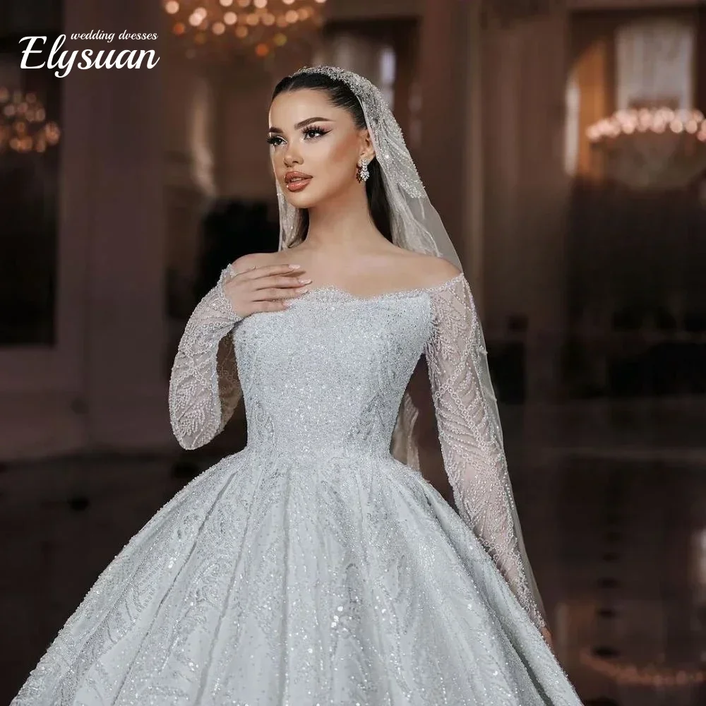 Op maat gemaakte sprankelende luxe trouwjurken met kralen, trein, strapless bruidsbaljurken met lange mouwen