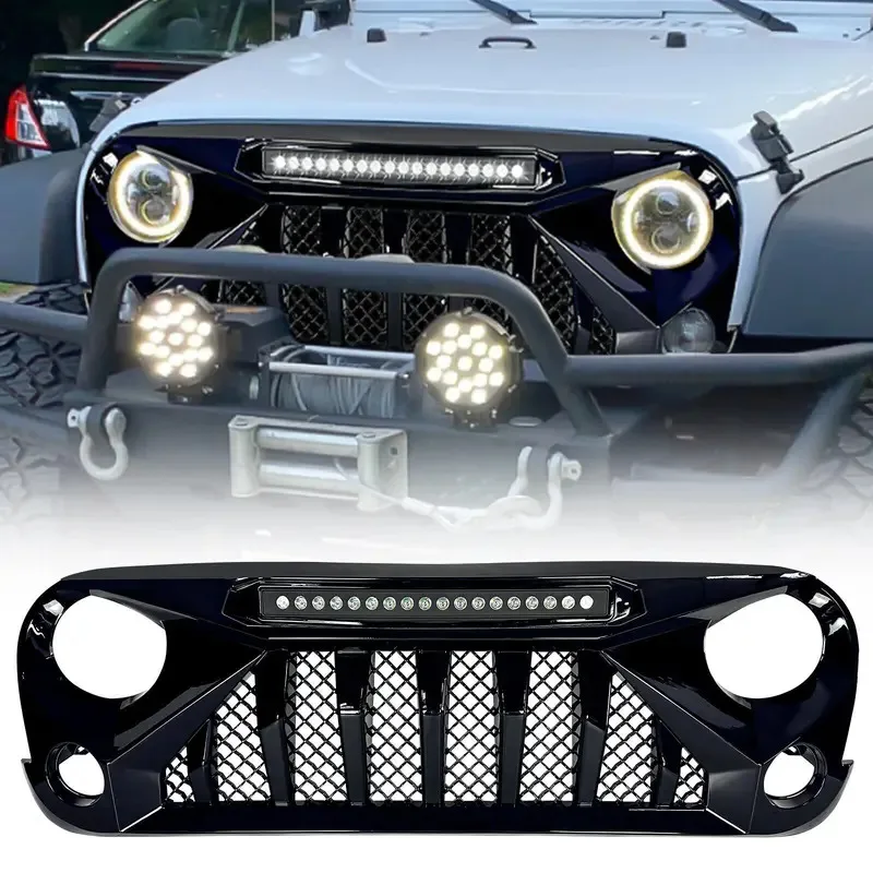 

Glossy Black Front Mars Style Grille Bumper Grill car grills with Off-Road LED Lights for 2007-2018 JK JKU NEW ABS Plastic