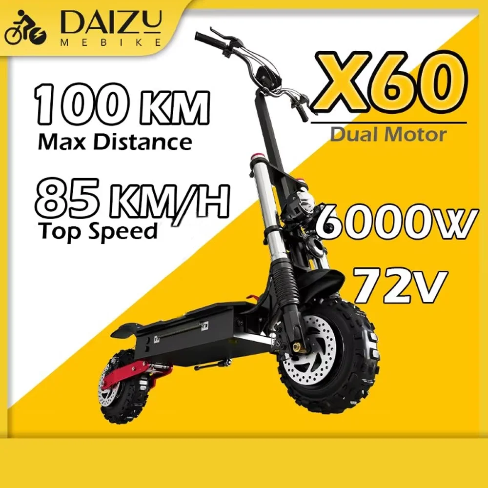 

X60 72V Lithium Battery Electric Scooter 6000W Dual Motor EScooter 85KM/H Fast Speed 200KG Max Load 11 Inch Tire with Seat