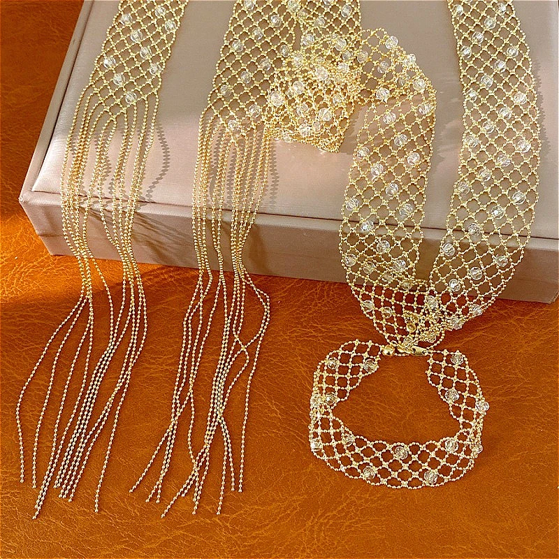Hollow Glass Necklace Bracelet Set Versatile Long Sweater Chain Matching Jewelry Birthday Gifts for Women Party Office Outfits