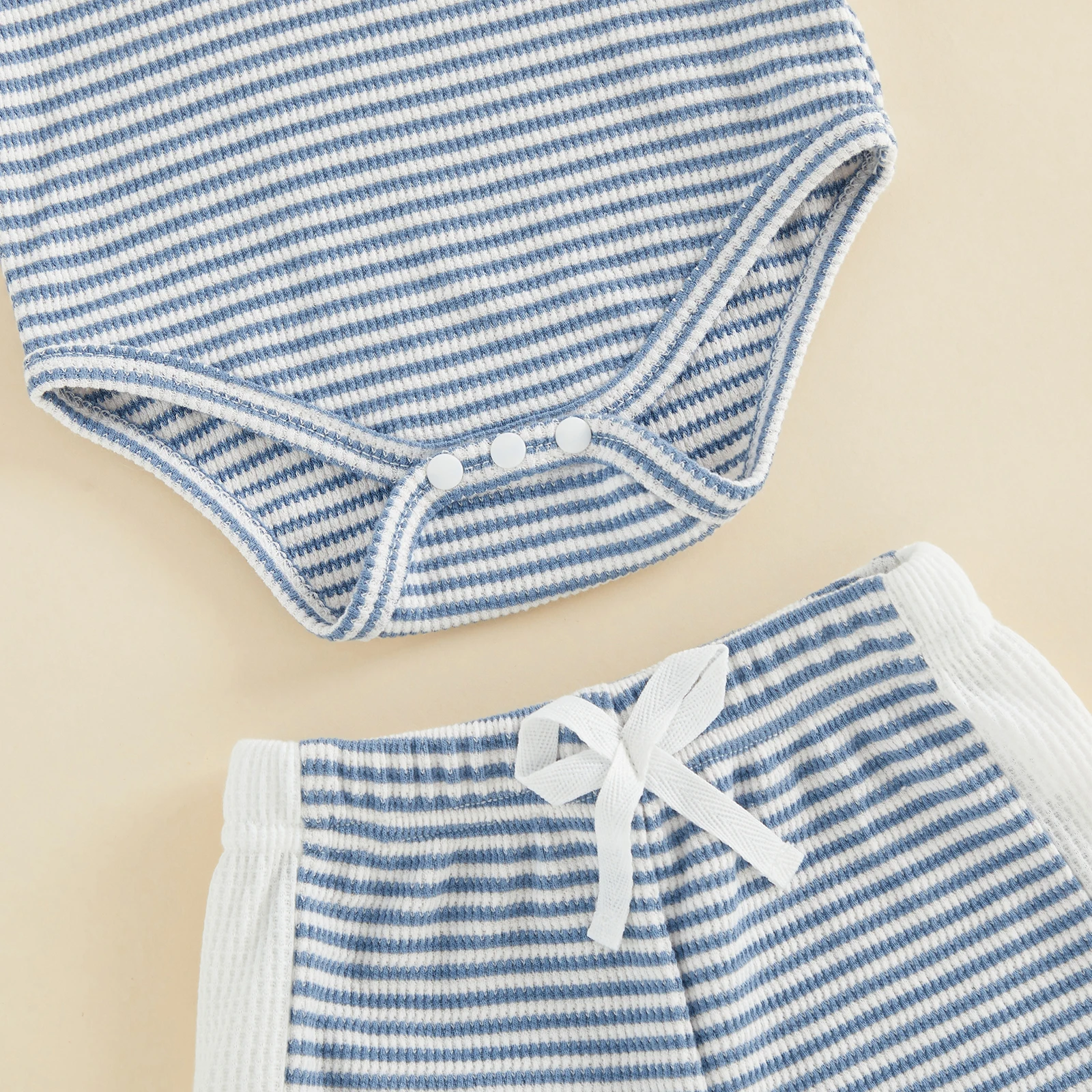 Baby Boys Summer Waffle Outfit Striped Short Sleeve Romper and Elastic Shorts Set 2 Piece Clothes Set