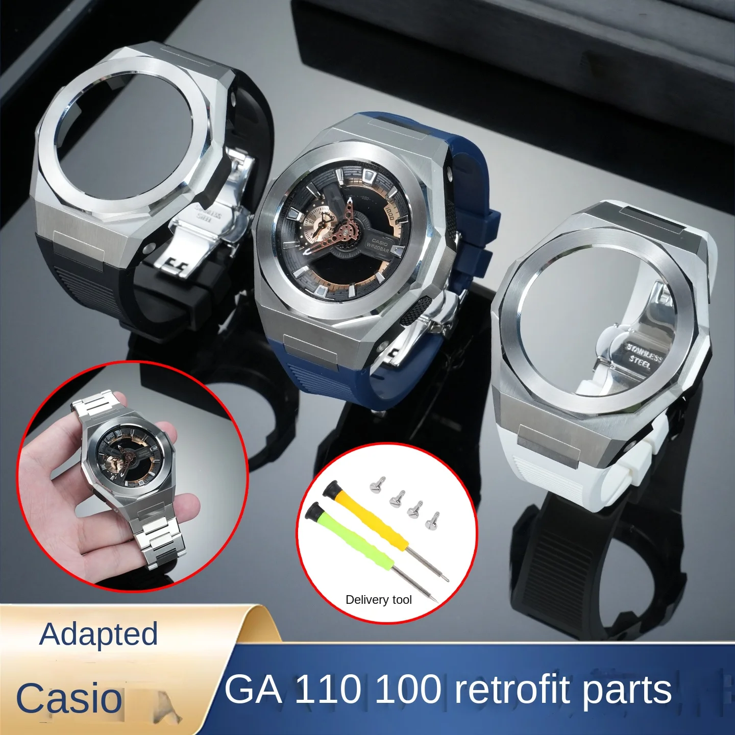 

GA-110 Metal Mod Kit for Casio G-SHOCK Black/Golden 5146 GA-100 ga110 GA110 metal Case Stainless Steel Strap Bracelet Set Tool
