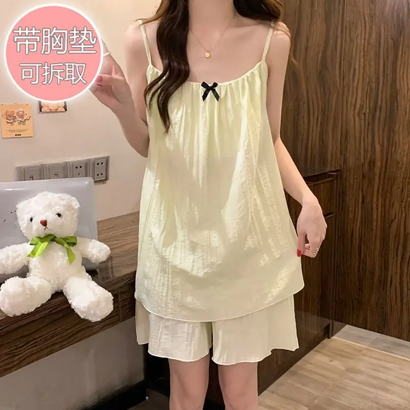 Pijamas de verano de talla grande 5XL para mujer, conjunto de Top y pantalones cortos con almohadilla para el pecho, ropa de descanso con tirantes de Estilo Princesa, se puede usar en el exterior