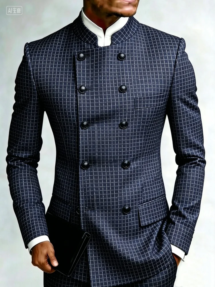 Mens Navy Tiny Grid Plaid Mandarin Collar Double Breasted Slim Fit Blazer For Business Daily Wear
