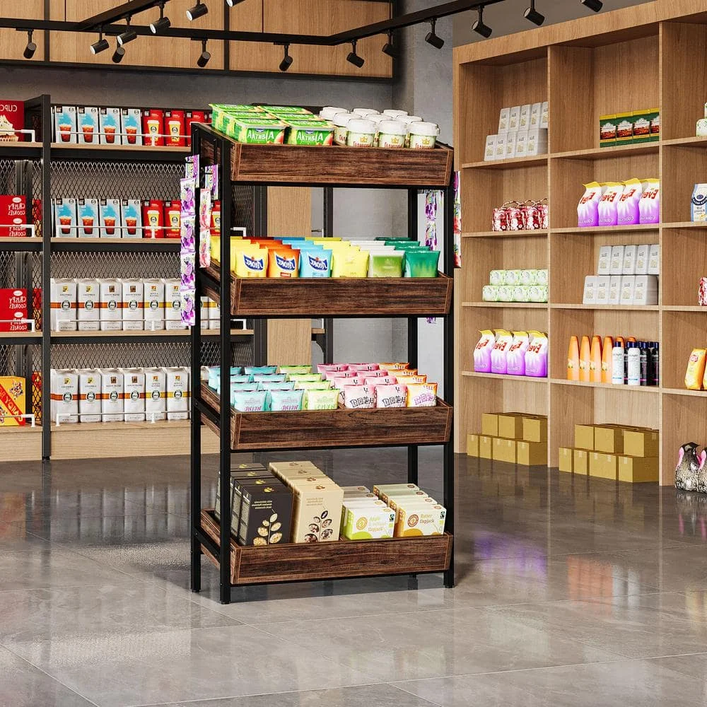 بني 29.13 بوصة. سلة خزانة عرض مكونة من 4 طبقات، وحامل رف البيع بالتجزئة، ومنظم رف حلوى الوجبات الخفيفة بإطار معدني #3