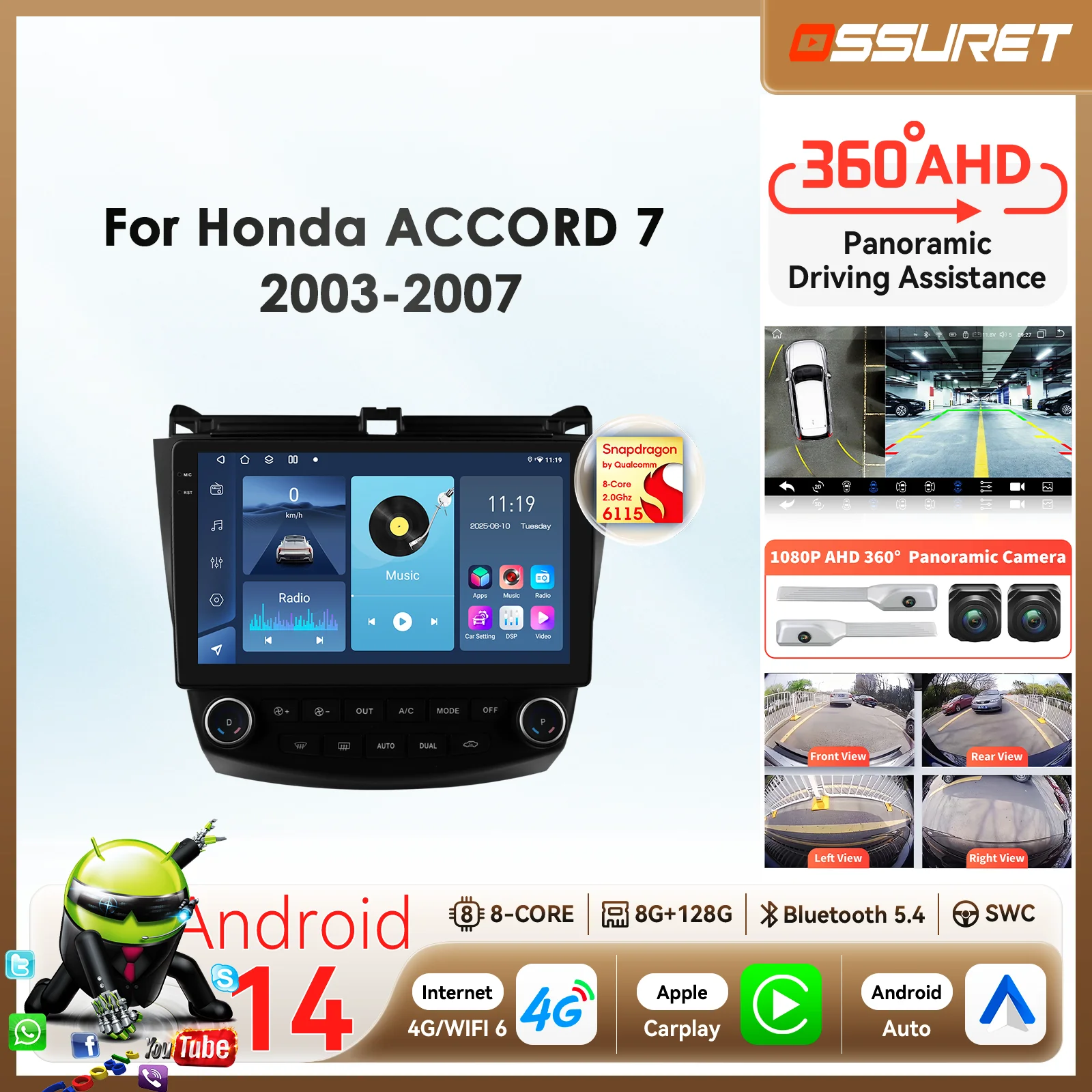 Carplay Android 14 Auto Car radio For Honda ACCORD 7 2003-2007 Autoradio Multimedia player GPS 360 Cam RDS BT intelligent Screen
