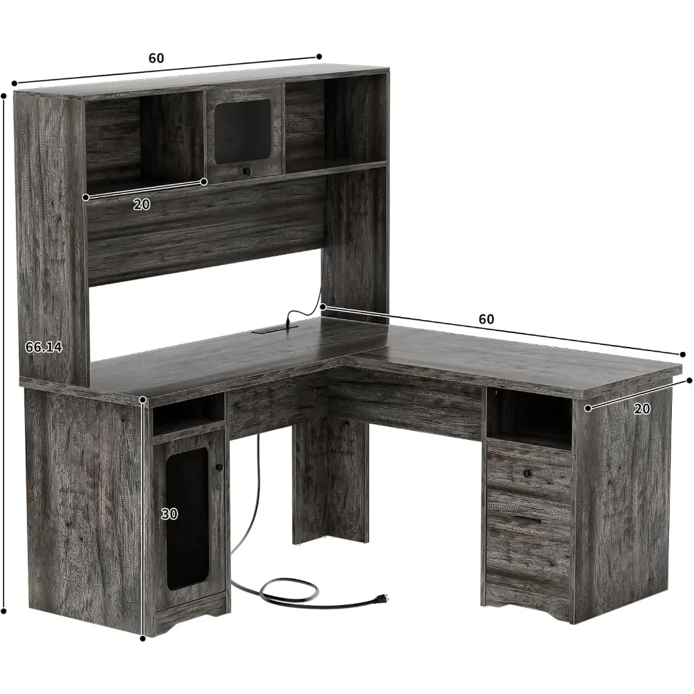 Mesa em forma de L com gavetas e gaiola, grande mesa de escritório com tomada elétrica e luzes LED, mesa de computador de canto moderna de 60 polegadas