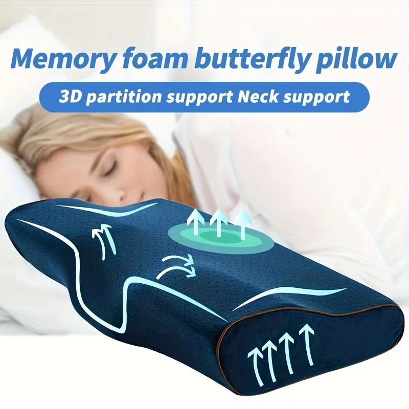 

1pcs Ergonomic Butterfly Memory Foam Pillow for Cervical Support & Sleep Aid - Breathable Cover Machine Washable