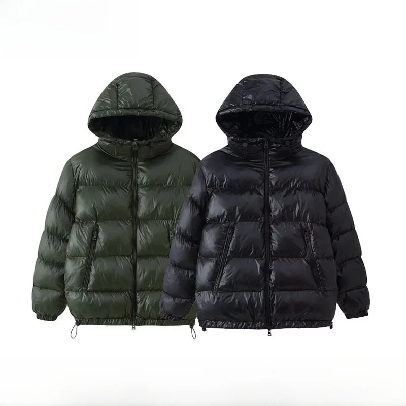 

New Autumn Winter Women's Zipper Hooded Jaet Bright Surface Cotton Coat with kets Regular Fit Commute Sle Long Sve