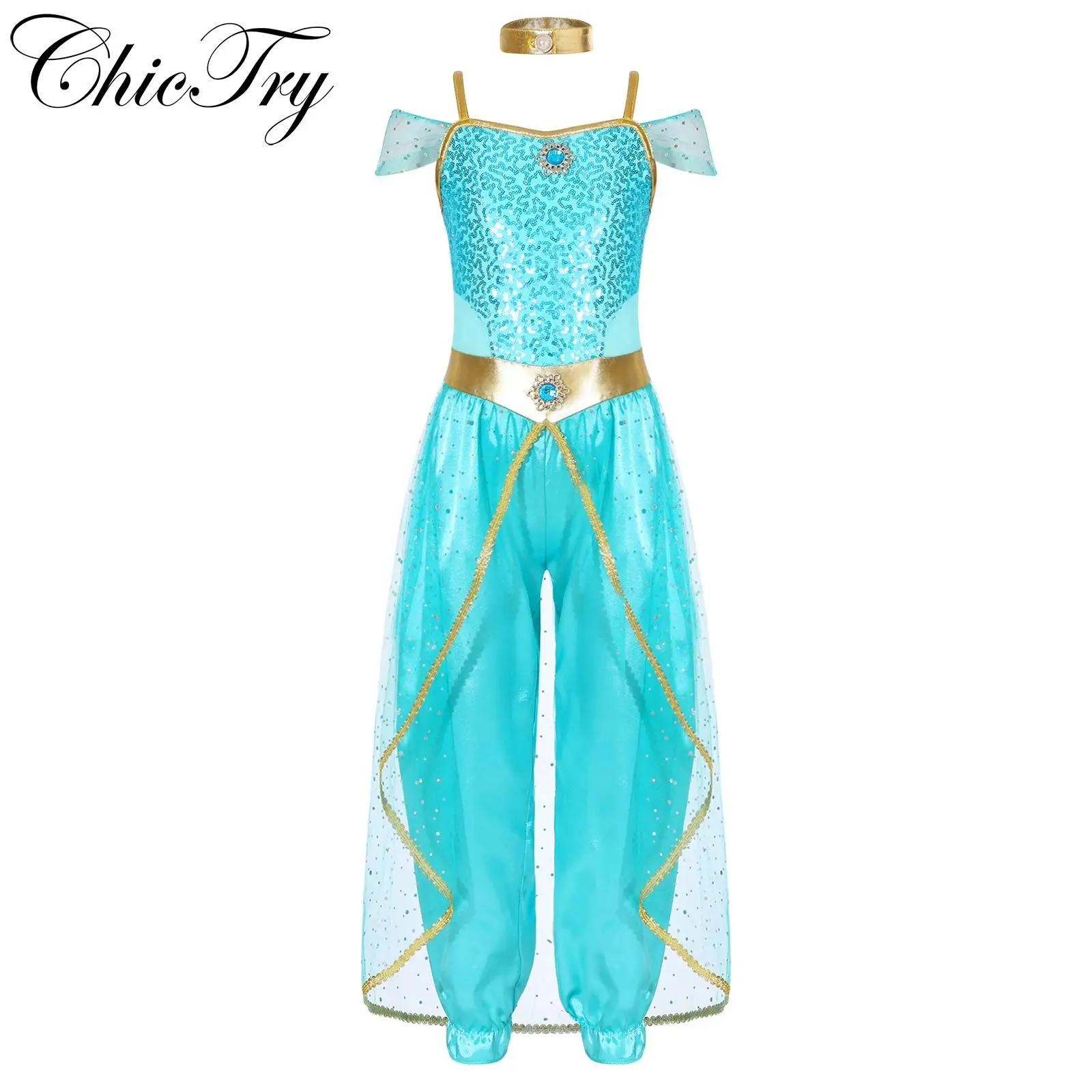 

ChicTry Arabian Princess Fancy Costume Kids Girls Shiny Belly Dance Bodysuit Jasmines Halloween Carnival Cosplay Party Dress Up