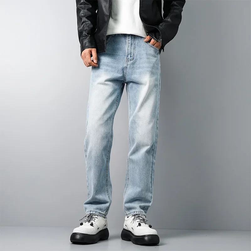 

Pop Seasons New Fashion Men's Washed Light Blue Loose Solid Straight Jeans Pants Casual Trendy Denim Trousers Male Streetwear