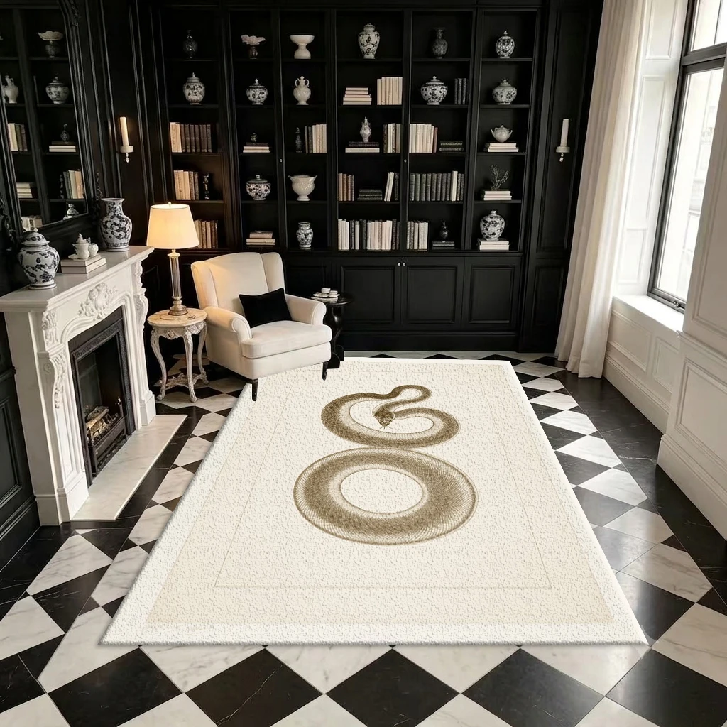 Vintage Carved Snake Pattern Carpet, Retro Biology Sketch Art Print Square Carpet, Suitable for Study Room Decoration