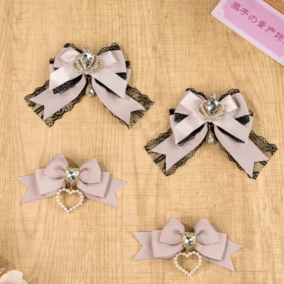 

Japanese Handmade Crown Rhinestone Hair Clips Lace Ribbon Bow Hairpin Double Ponytail Pair Clip Hair Accessories for Women