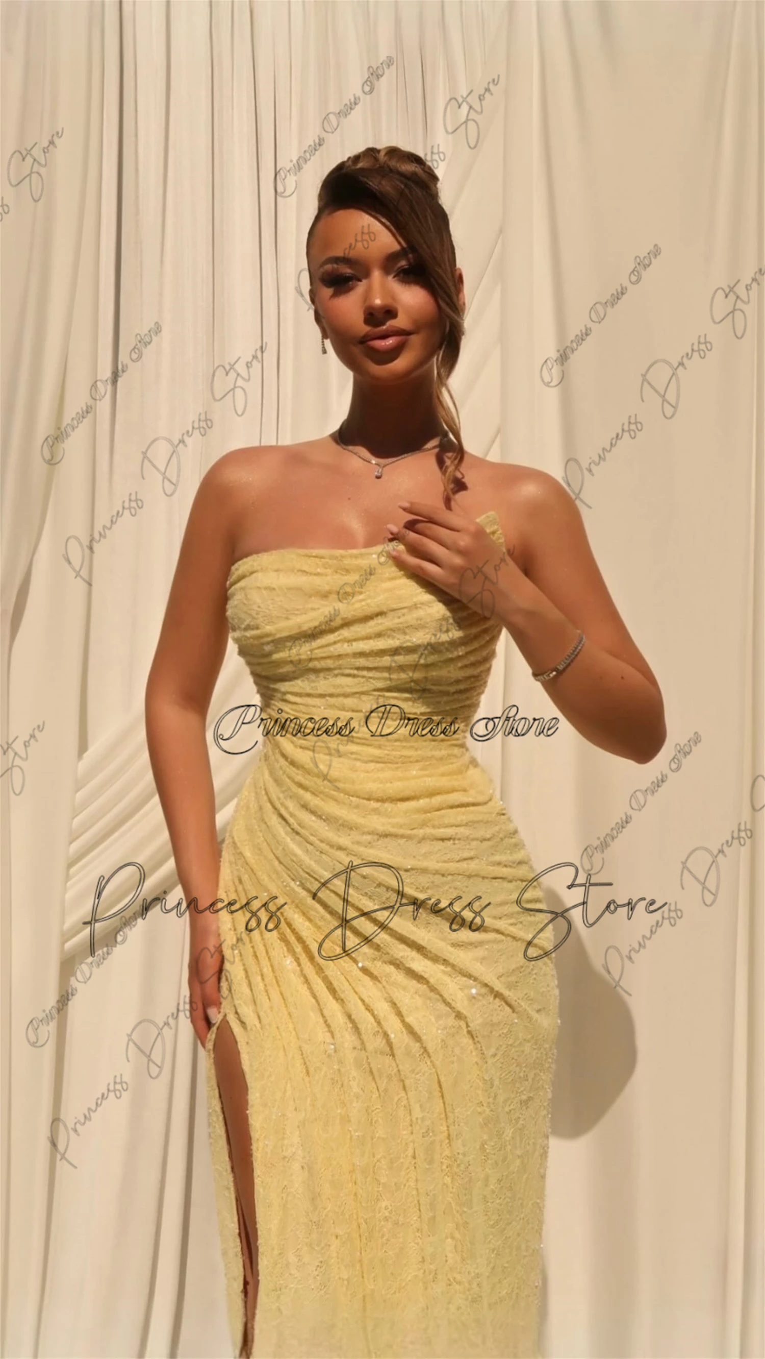 Elegant Lace Women Strapless Pleated Long Dress Solid Split Sleeveless Backless High Waist Slim Fit Maxi Bridesmaid Dresses