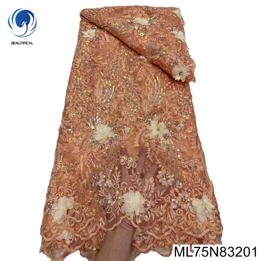 

African Bead Mesh Fabric Evening Dress, Elegant and Free from Vulgarity, 3D Flower Lace, High Quality, ML75N832, 2024