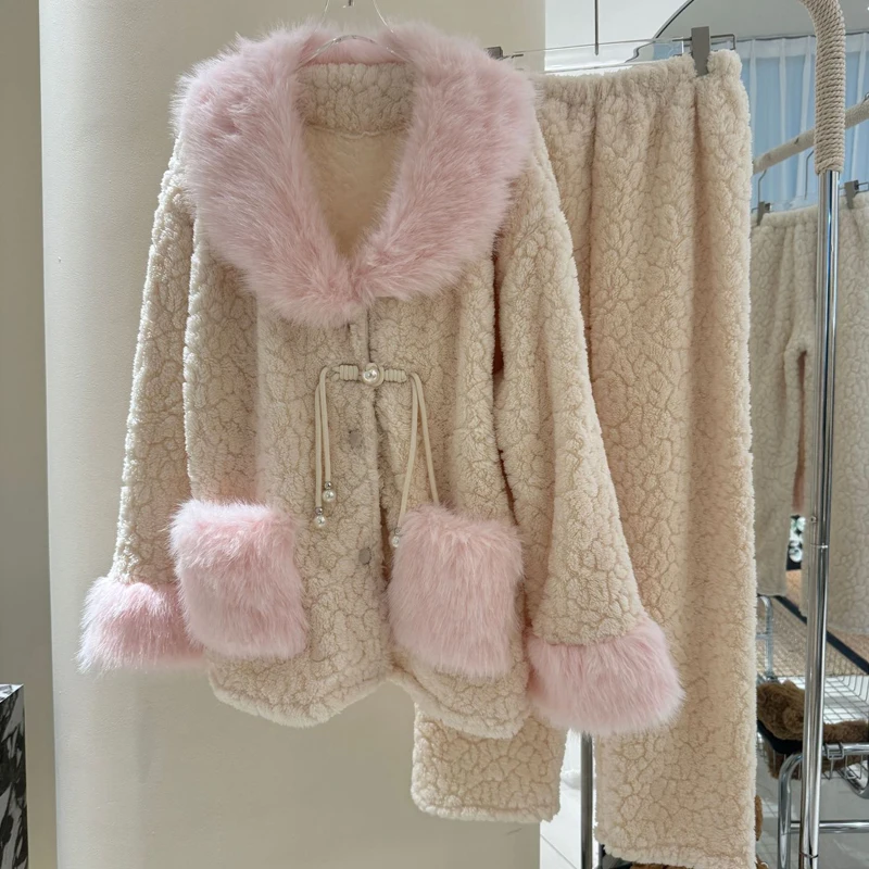 

Пушистые зимние женские пижамные комплекты из кораллового флиса, теплая домашняя одежда на утолщенной флисовой подкладке, комплект одежды для сна, комплект брюк с длинными рукавами