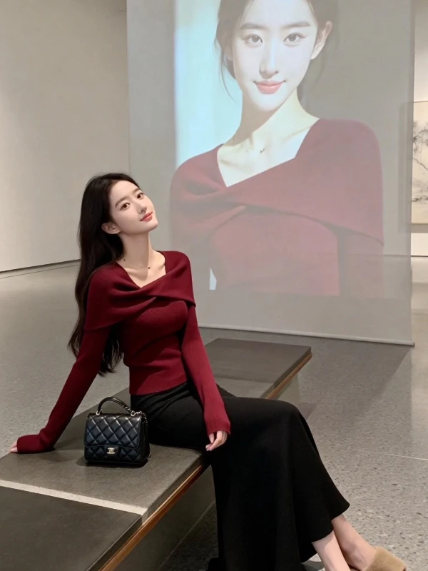 

Stunning Red Long Sve Knitted Sweater Women's Spring Faionable Inner Wear Slim Fit Beautiful Knot Design Korean Sle