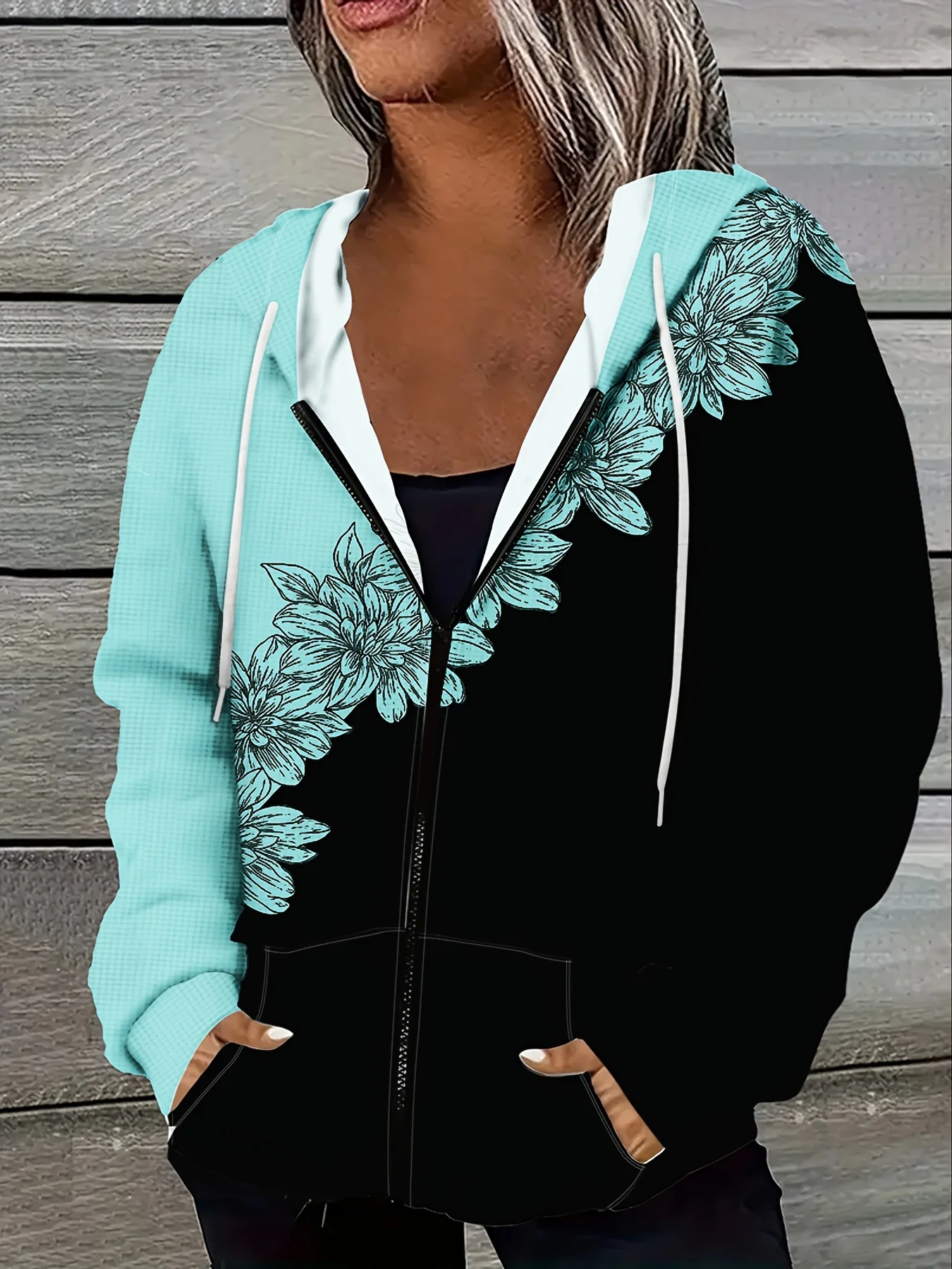 Women'S Fashion Zip Hoodie - プリントデザイン レディース スプライスフローラルジップフーディージャケット