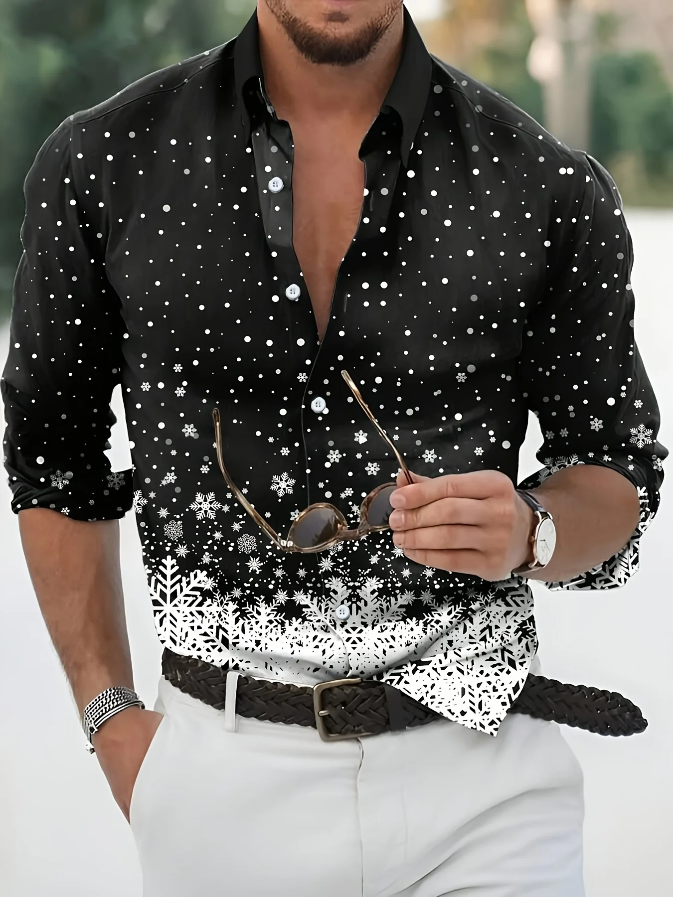 Men's long-sleeved shirt casual fashion 3d Christmas snowflake gradient print shirt men's lapel shirt long sleeve New Year gift