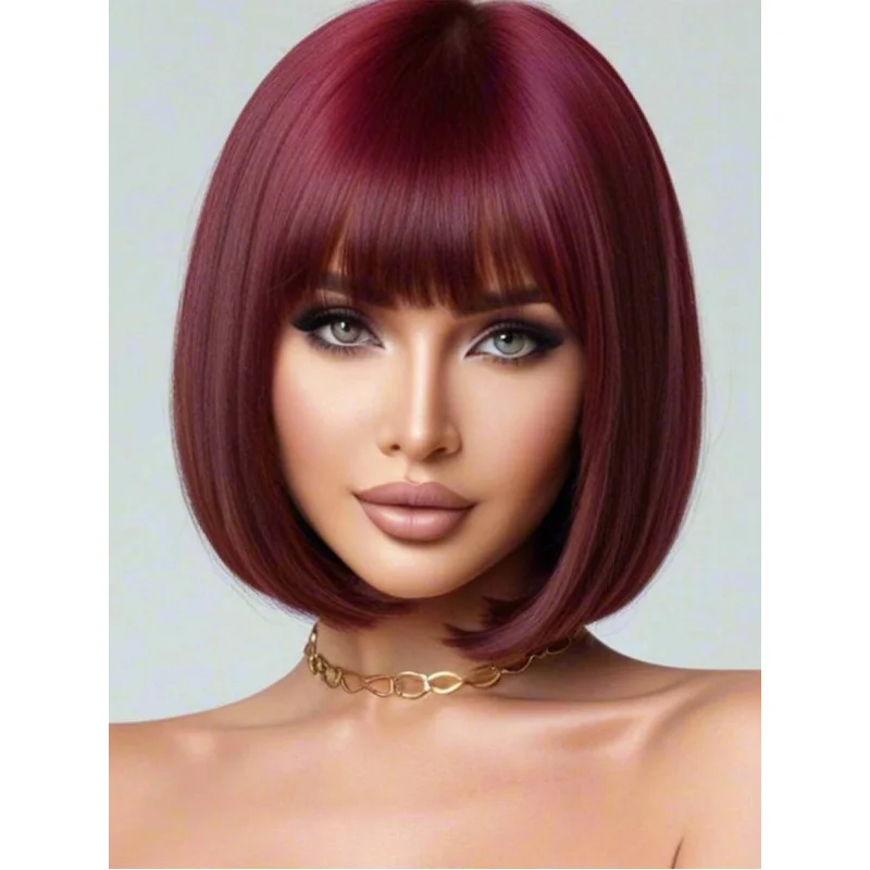 

12-Inch Wine Red Bob Wig With Bangs Short Synthetic Bob Wig, Versatile & Fluffy, Suitable For Women, Cosplay & Halloween