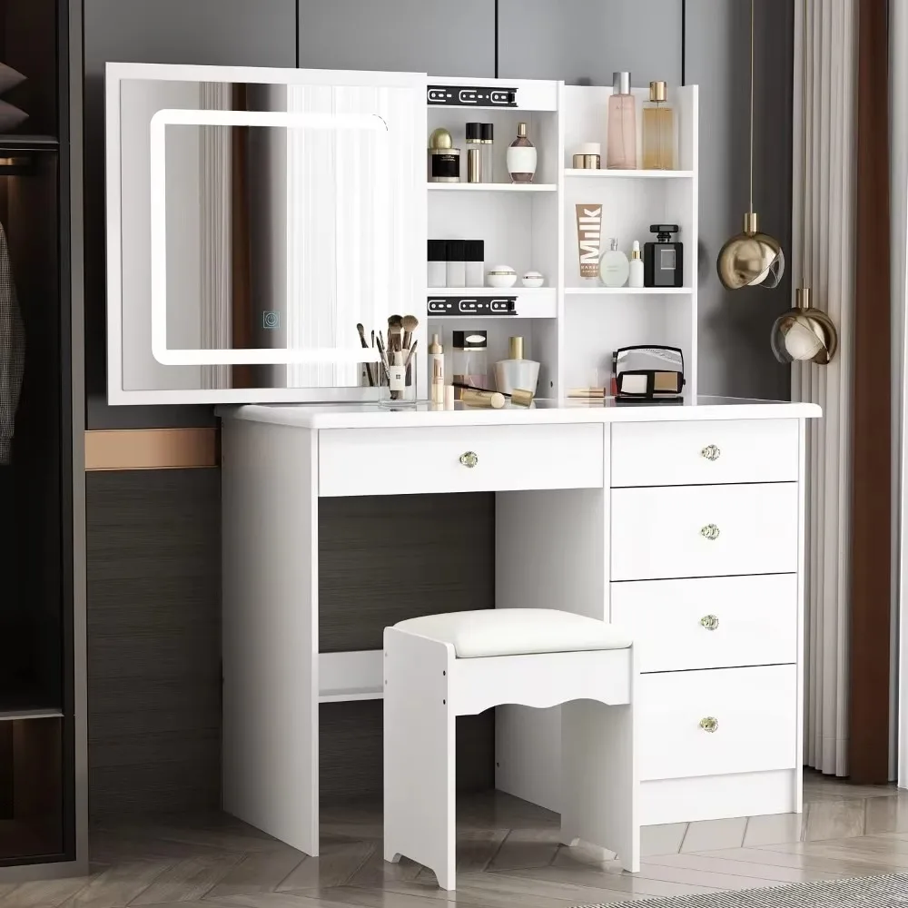 Dresser with large sliding illuminated mirror and glass top, modern dresser with drawers, bedroom storage shelves and stools