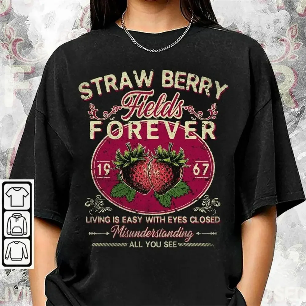 Beatle Strawberry Fields Rock Band Tee Retro Band Gift Unisex Shirt 100% Cotton Casual Loose Y2K Top Old School Band Streetwear