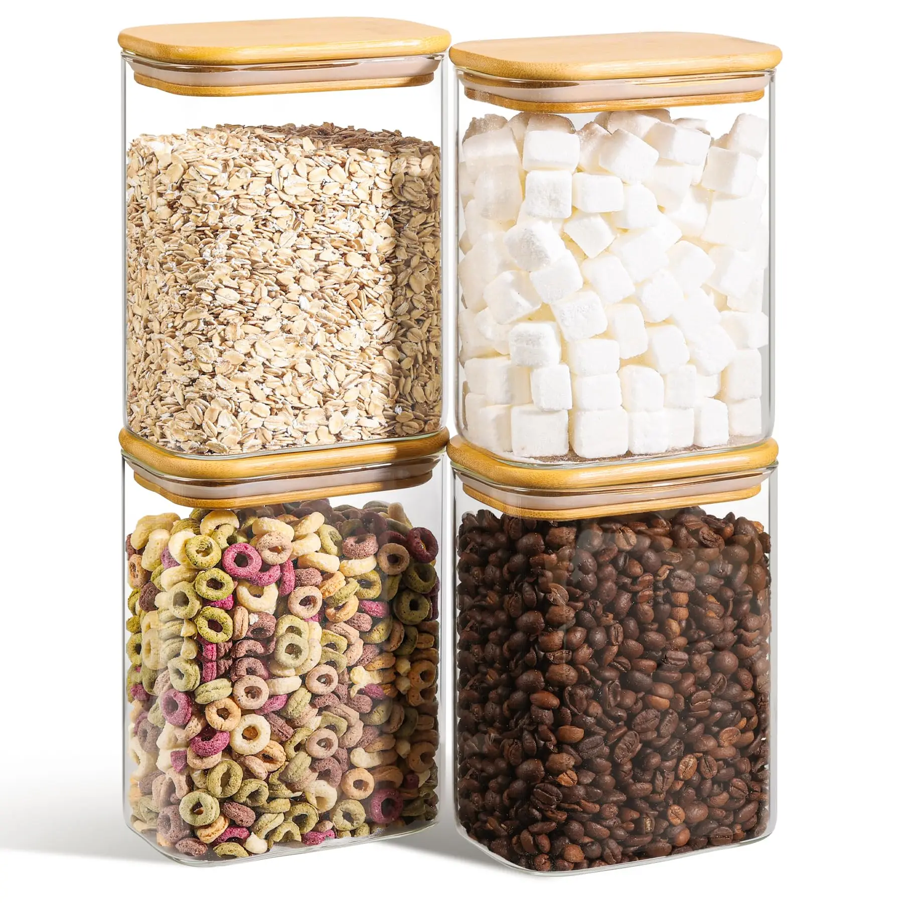 Rectangle Clear Storage Jars with Bamboo Lids For Sugar Coffee Pantry Organizer Container for Pasta Tea Candy Nuts