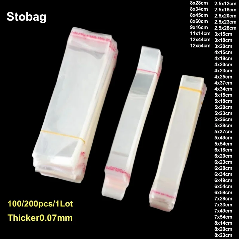 StoBag 100/200pcs OPP Long Self-adhesive Bags Cellophane Transparent Thicker Plastic Jewelry Gift Pen Packaging Storage Pouch