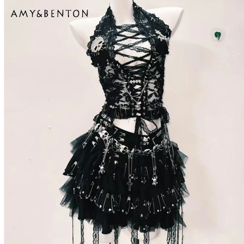 

Original Dark Goth Halter Women's Vest New Hollow Out Lace Heavy Industry Short Skirt Punk Rock Sweet Cool Skirts Suit Ladies