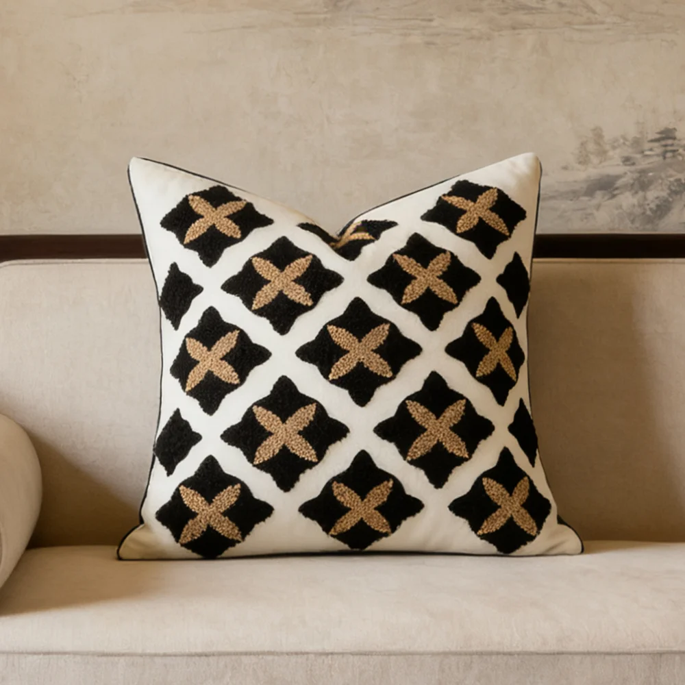 Modern Fashion Black White Square 45x45cm Armchair Pillow Case Embroidery Small Checks 1 Piece Pack Luxurious Cushion Cover