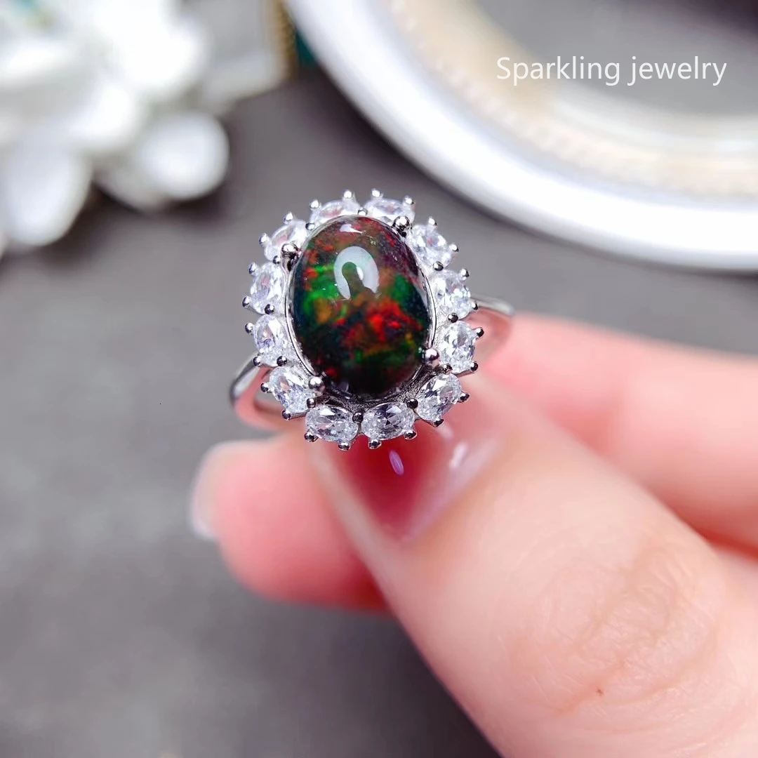 

Black Opal Ring 8mm*10mm Natural Opal Silver Ring Does Not Fade 18K Gold Plated 925 Silver Gemstone Jewelry