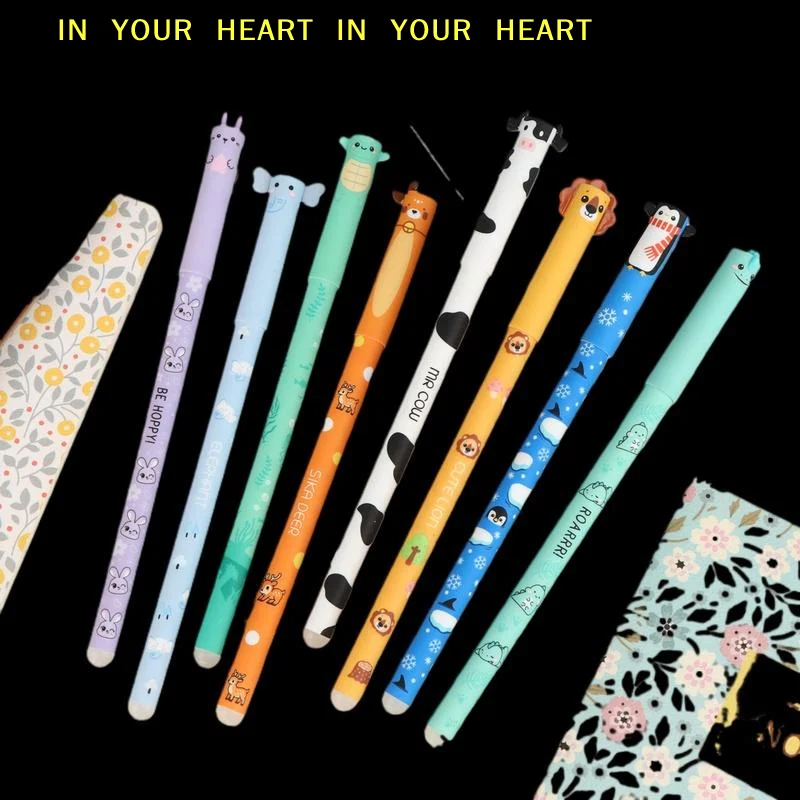8Pcs Cartoon Animal Erasable Gel Pens 0.5mm Colorful Ink Ballpoint Pens Smooth Writing For Office School Stationery Supplies