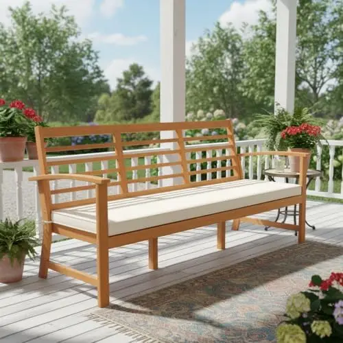 64 Inch Patio Acacia Wood Bench, 3-Seat Extra Long Chair with Cushion, Slatted Seat & Backrest, 3-Person Outdoor Wood