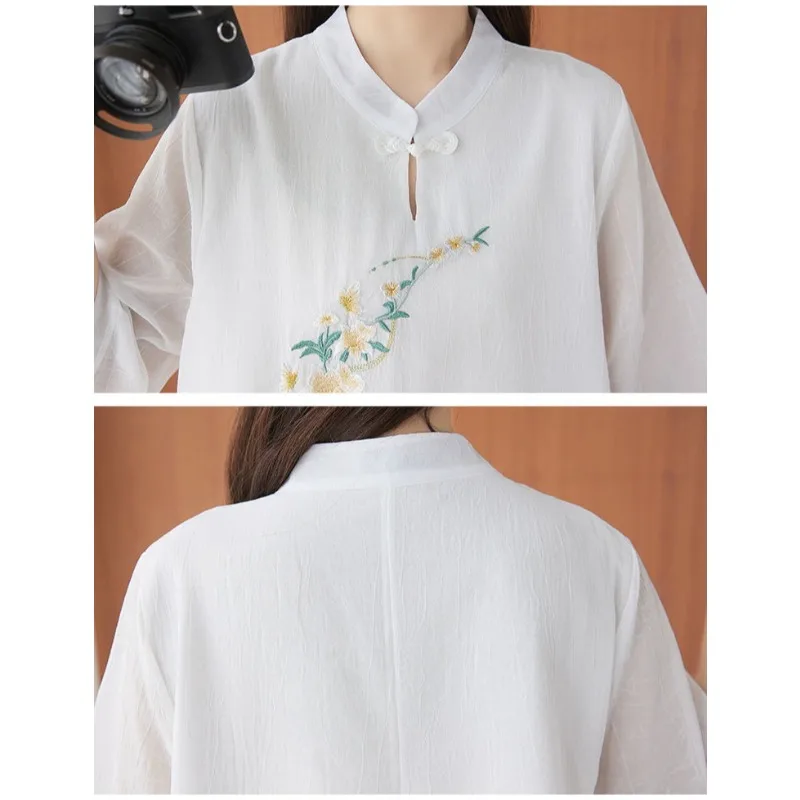 2025 Summer Cotton and Linen Women's Tops Loose Thin Stand Collar Embroidered Shirt Tea Clothing Retro Women Blouse