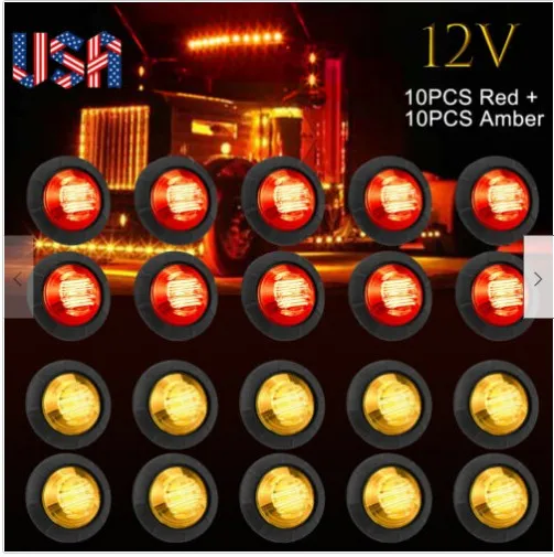 20Pcs 12V/24V 3LED Car Truck Light Round Side Marker Amber Red Grille Light Warning Lamp Waterproof Trailer Light Signal Lamp