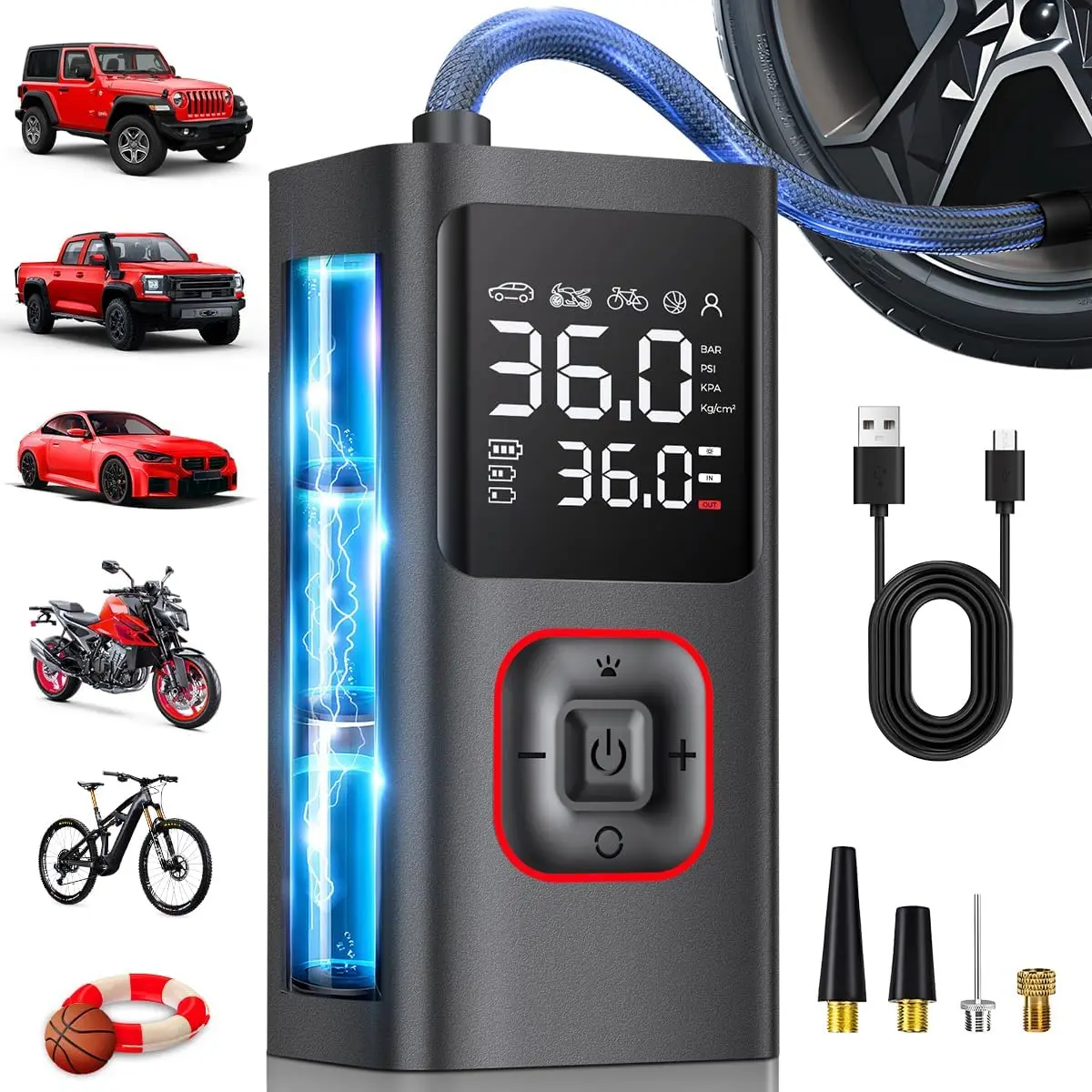 

Portable Tire Inflator 150PSI Mini Air Compressor with Digital Gauge, USB & LED Light for Car, Bike, Motorcycle