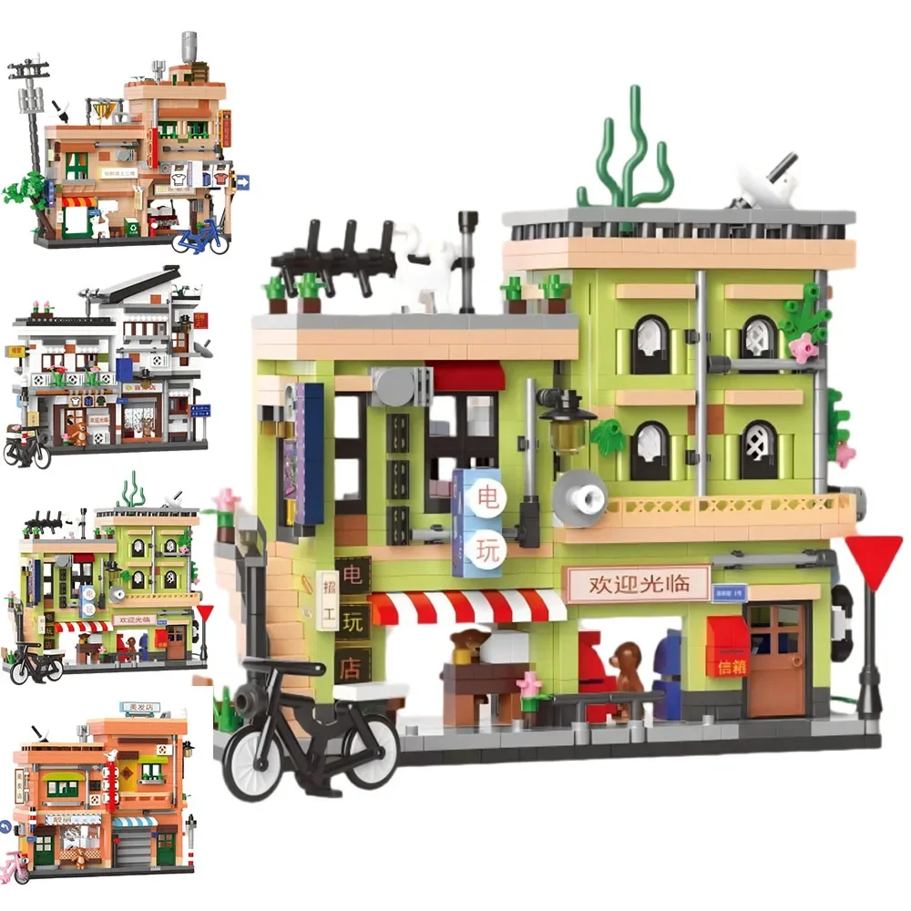 

City Street View Retro Houses Bicycle Building Blocks Moc Desktop Decoration Architecture Toys Bricks Children Birthday DIY Gift