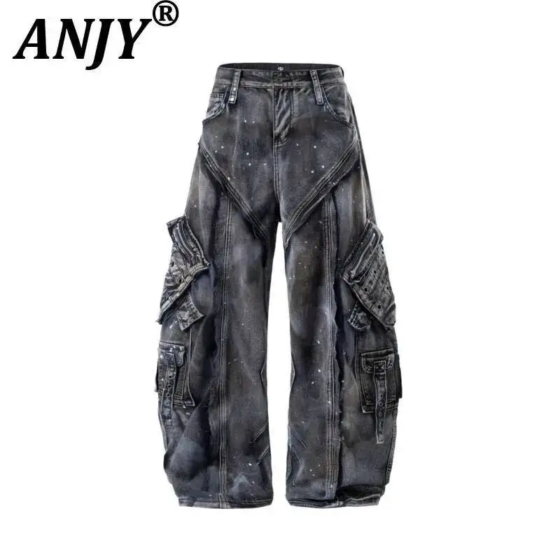 

ANJY Heavy Deconstructed Three-dimensional Cut Pockets Distressed Jeans Spring New Men's Cargo-Pants Wide-leg Denim Pants A23839
