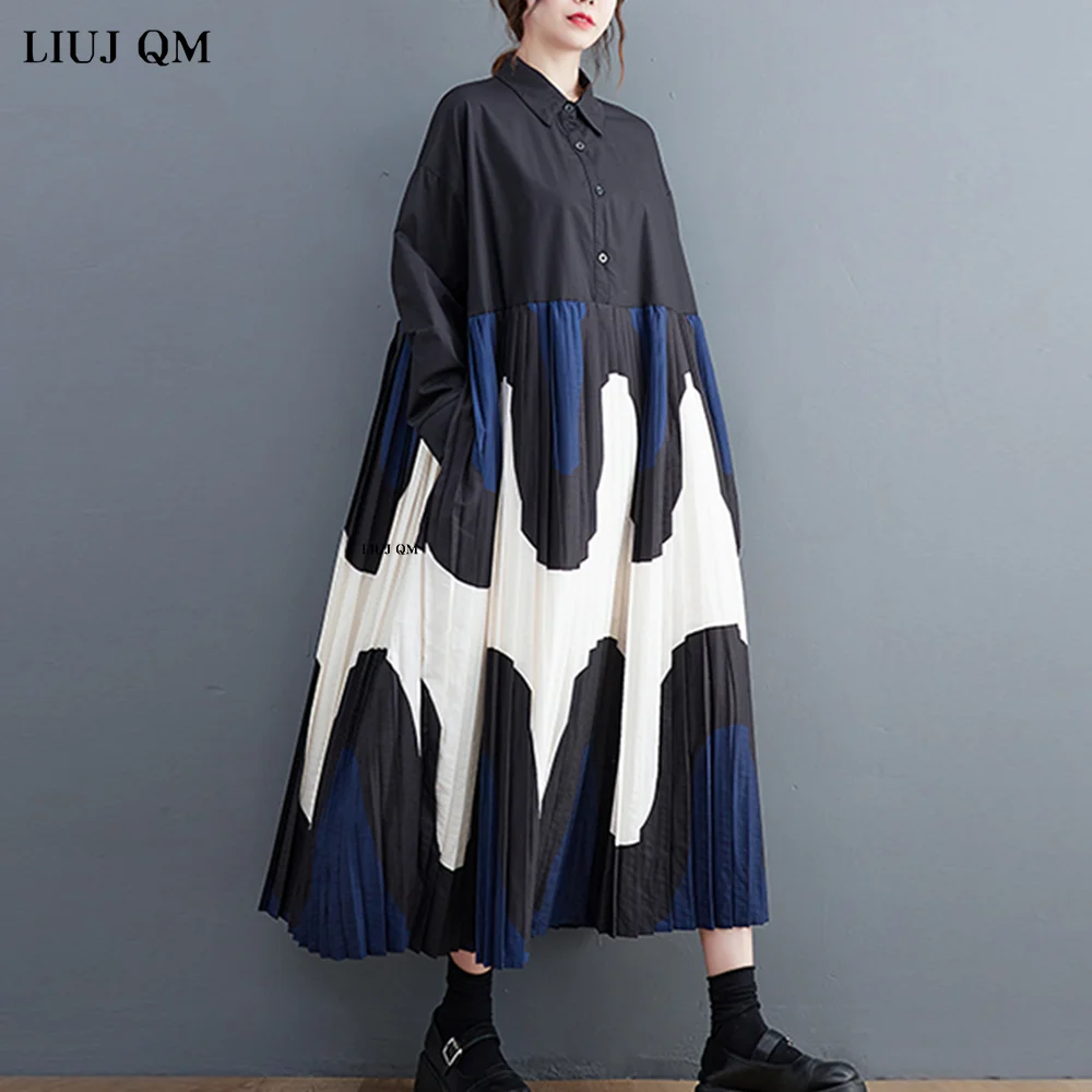 Long Sleeve Oversized Black Cotton Vintage Dresses For Women Casual Loose Spring Autumn Shirt Dress Elegant Clothing Large Size