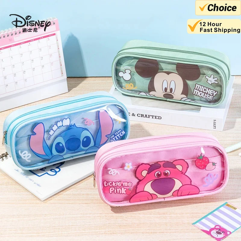 New Disney Stitch Pen Bag doppia scatola di cancelleria trasparente Cartoon astuccio per matite di grande capacità sacchetto di immagazzinaggio