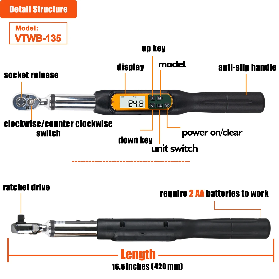 1/2 3/8 inch 135Nm Digital Torque Wrench Large Screen Updated Car Repairing Tool with Buzzer & LED Notification,High Precision