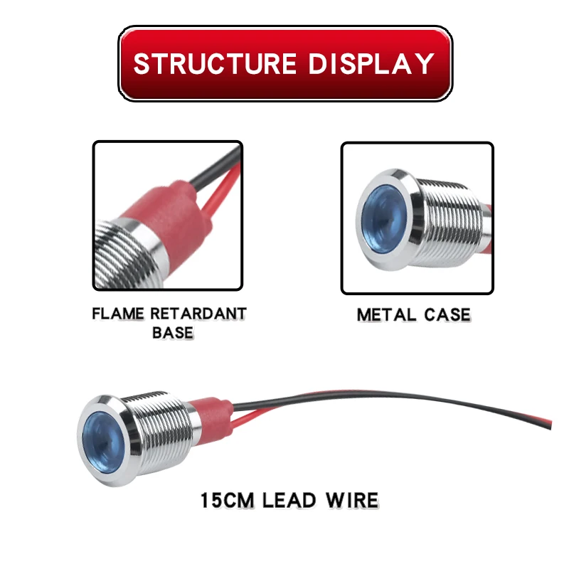 12MM Metal LED Warning indicator light Signal Lamp Pilot Wires switch 6/12/24/220V Red Green Blue White Yellow