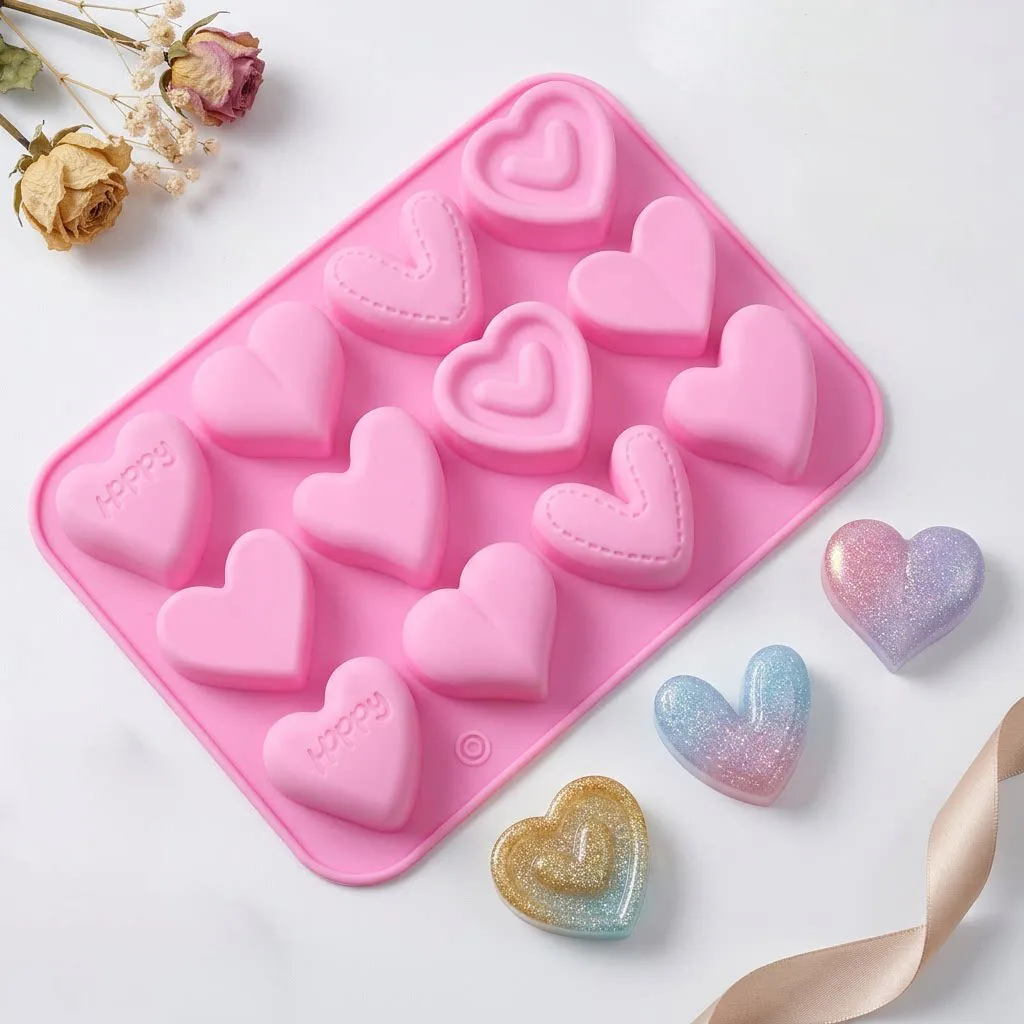 12 Cavity Different Heart Silicone Mold Chocolate Cake Candy Handmade Soap Baking Mould