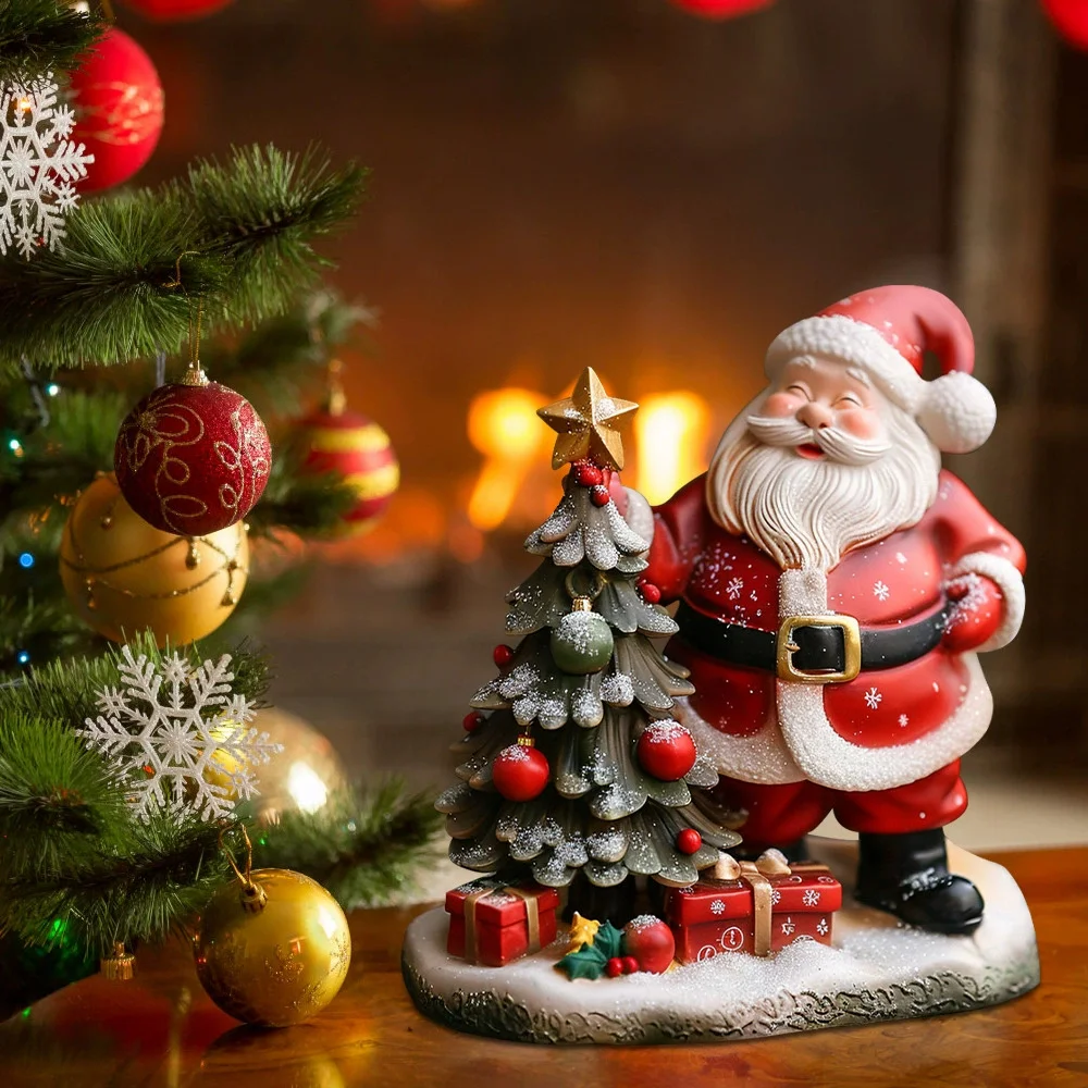 

Santa Claus And Christmas Tree Resin Figurine Small Ornament Home Tabletop Decoration Festive Party Collectible Sculpture