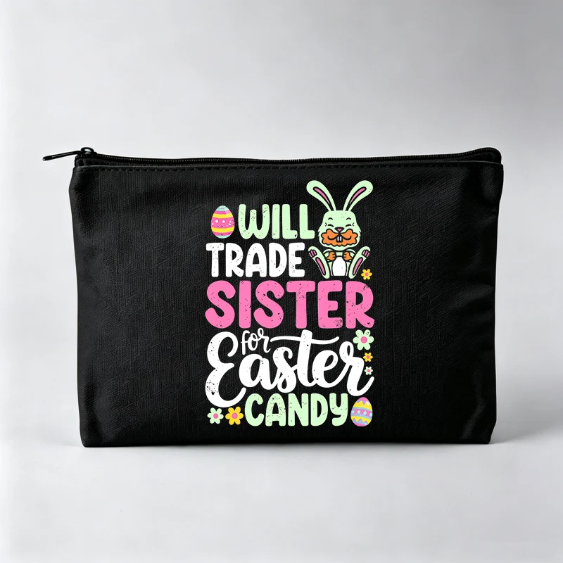 Women's Easter Bunny and Egg Graphic Makeup Bag with Slogan Print, Zipper Cosmetic Pouch for Casual Use