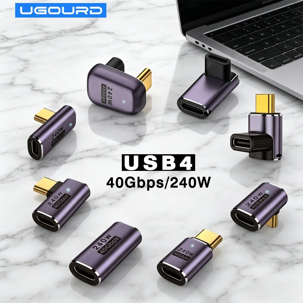 UGOURD 40Gbps Extension Cable Adapter USB C Male to USB C Female Adapter Angled Type C to C Converter 240W With Indicator Light