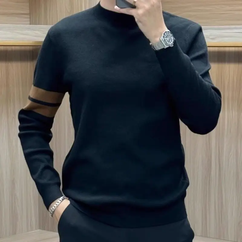 Sweatshirts Brown Stripe Base Layer Man Pullovers Tight Round Neck T Shirt for Men Slim Fit Harajuku Fashion Normal Luxury 2024