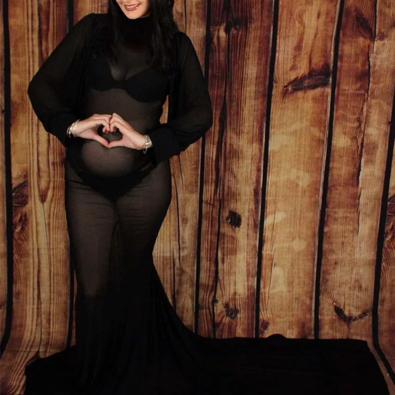 Maternity Sexy See Through Dress Mesh Turtleneck Lantern Long Sleeve Dress For Photography ( Underclothes Not Included)