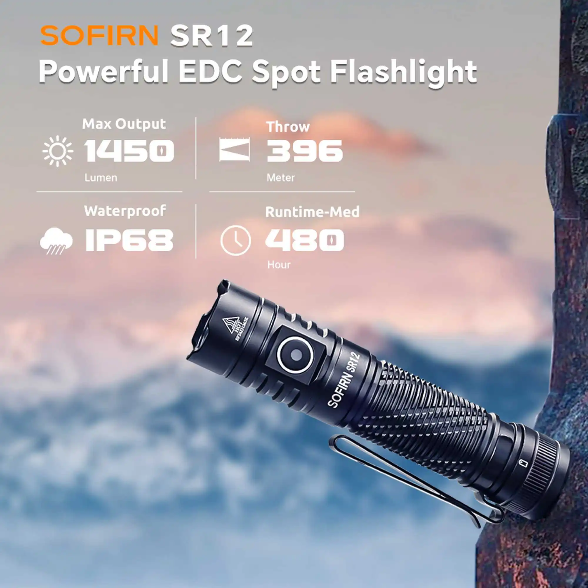 Sofirn SR12 1450lm EDC Spot Flashlight 18650 USB C Rechargeable SFT25R LED 6000K Powerful Light with Magnetic Tailcap